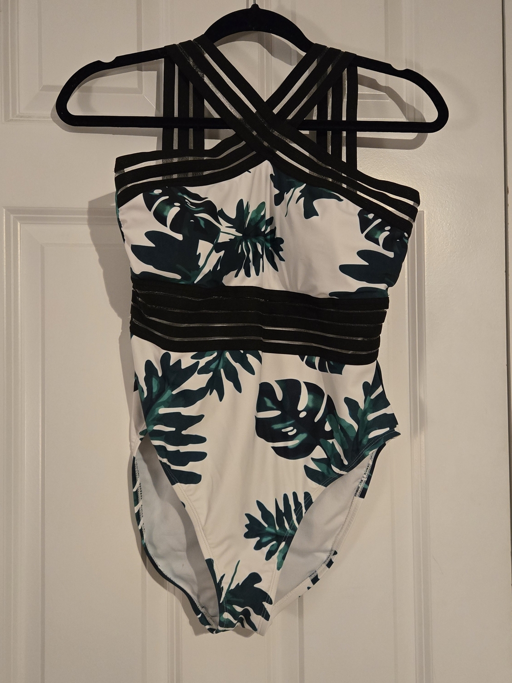 White Tropical Leaf One-Piece Swimsuit with Black Strappy Detail